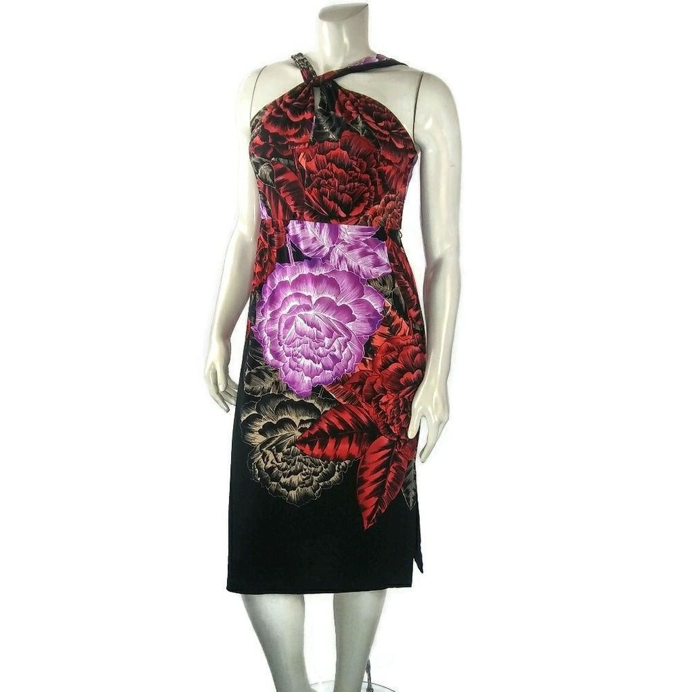 T Tahari Floral Halter Crisscross Neckline Women's Dress 10 Side Slit Mod Praire